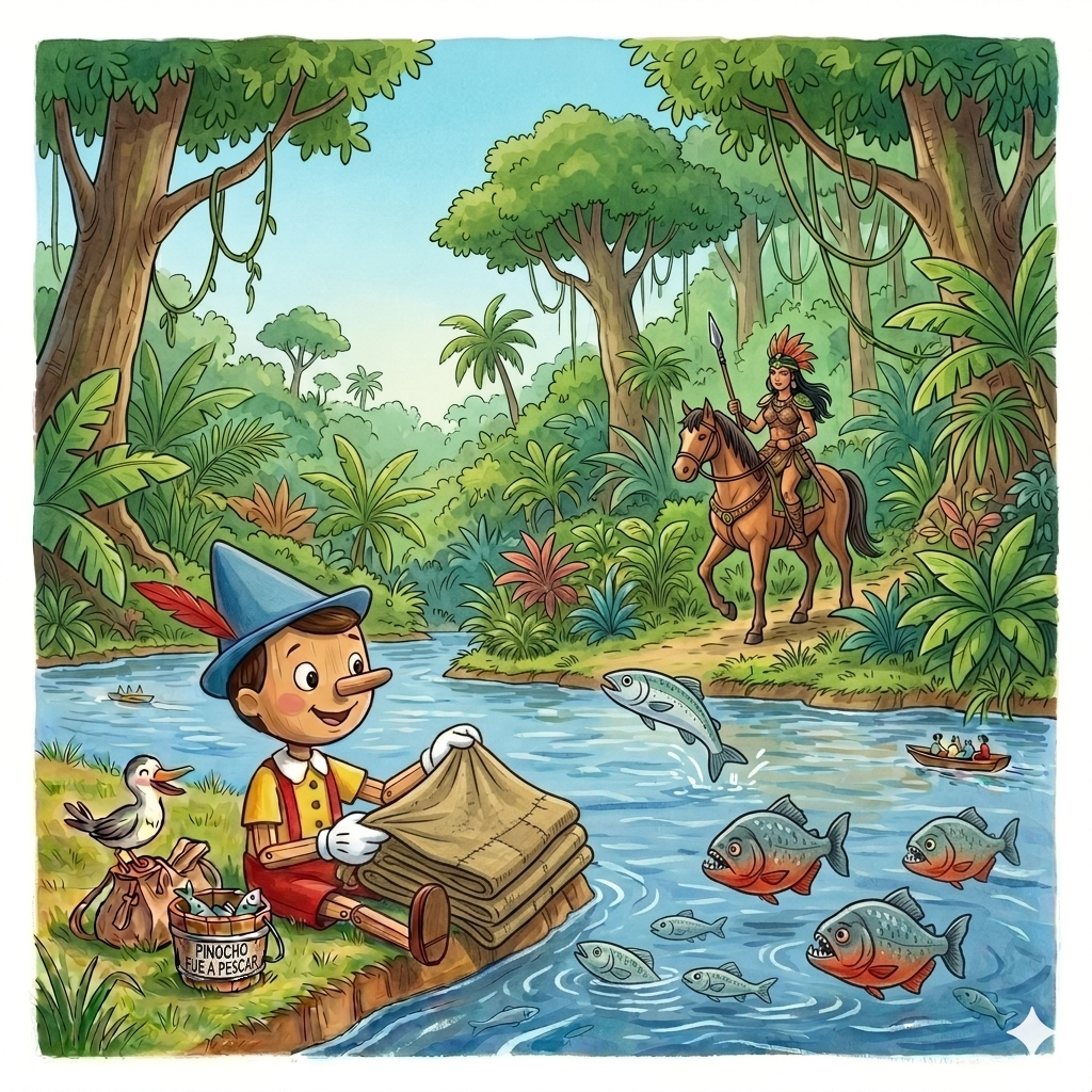 Pinocho y la guerrera de la selva en el río Amazonas