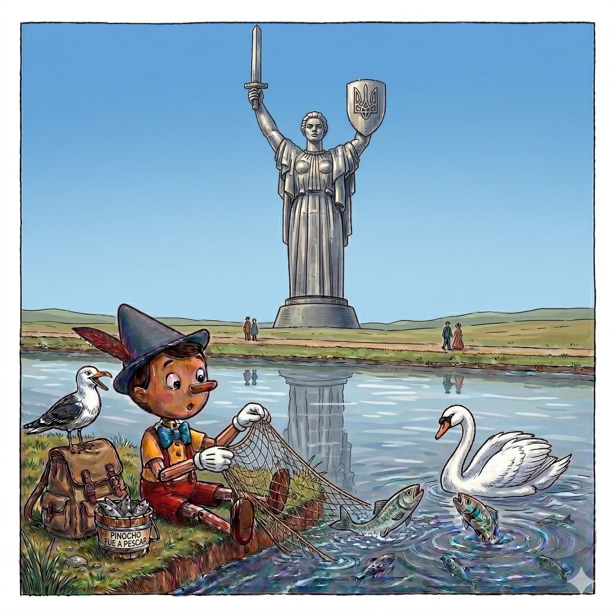 Pinocho y la gigantesca estatua guardiana del alucinante río Dniéper