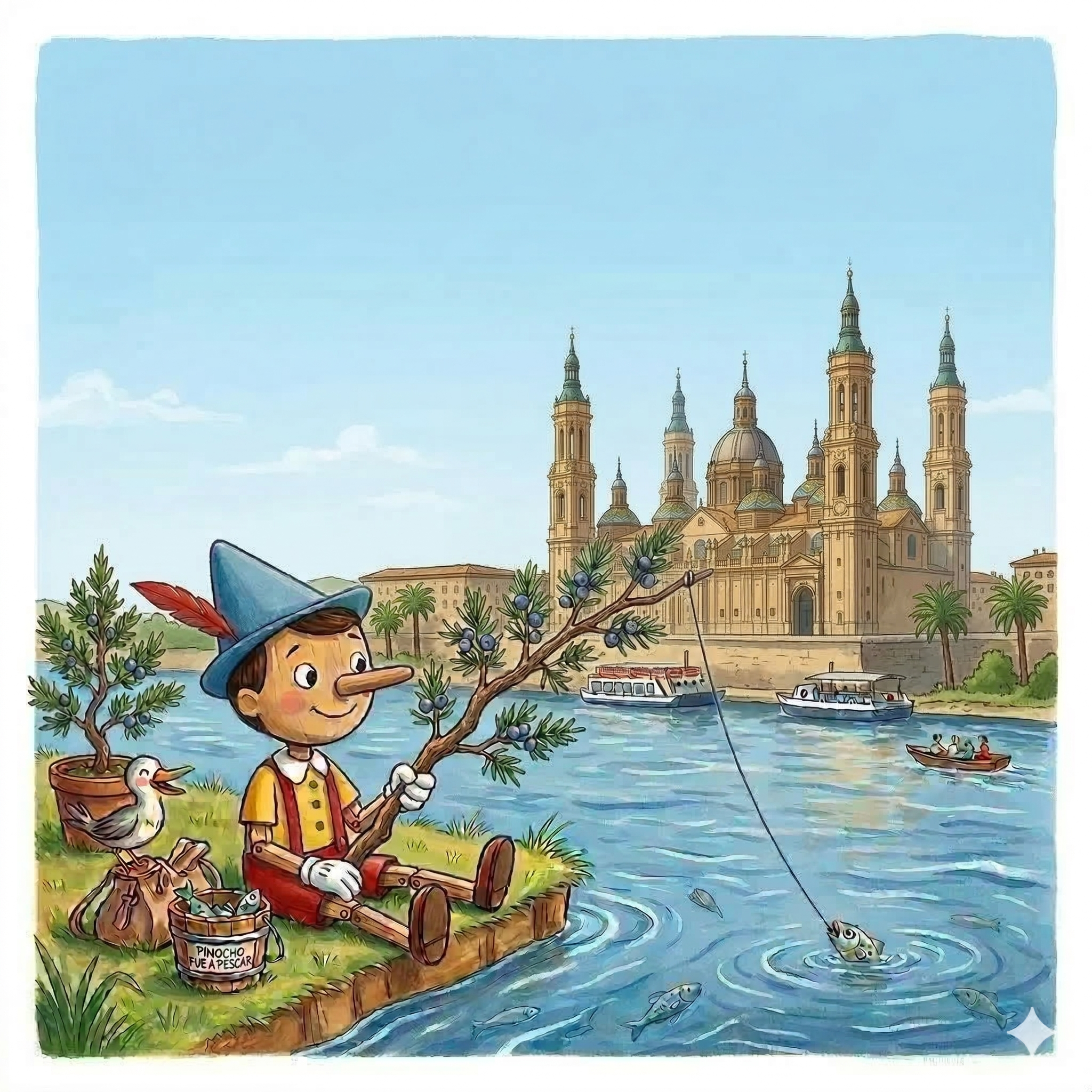El colorido paseo de Pinocho bajo la basílica gigante del río Ebro