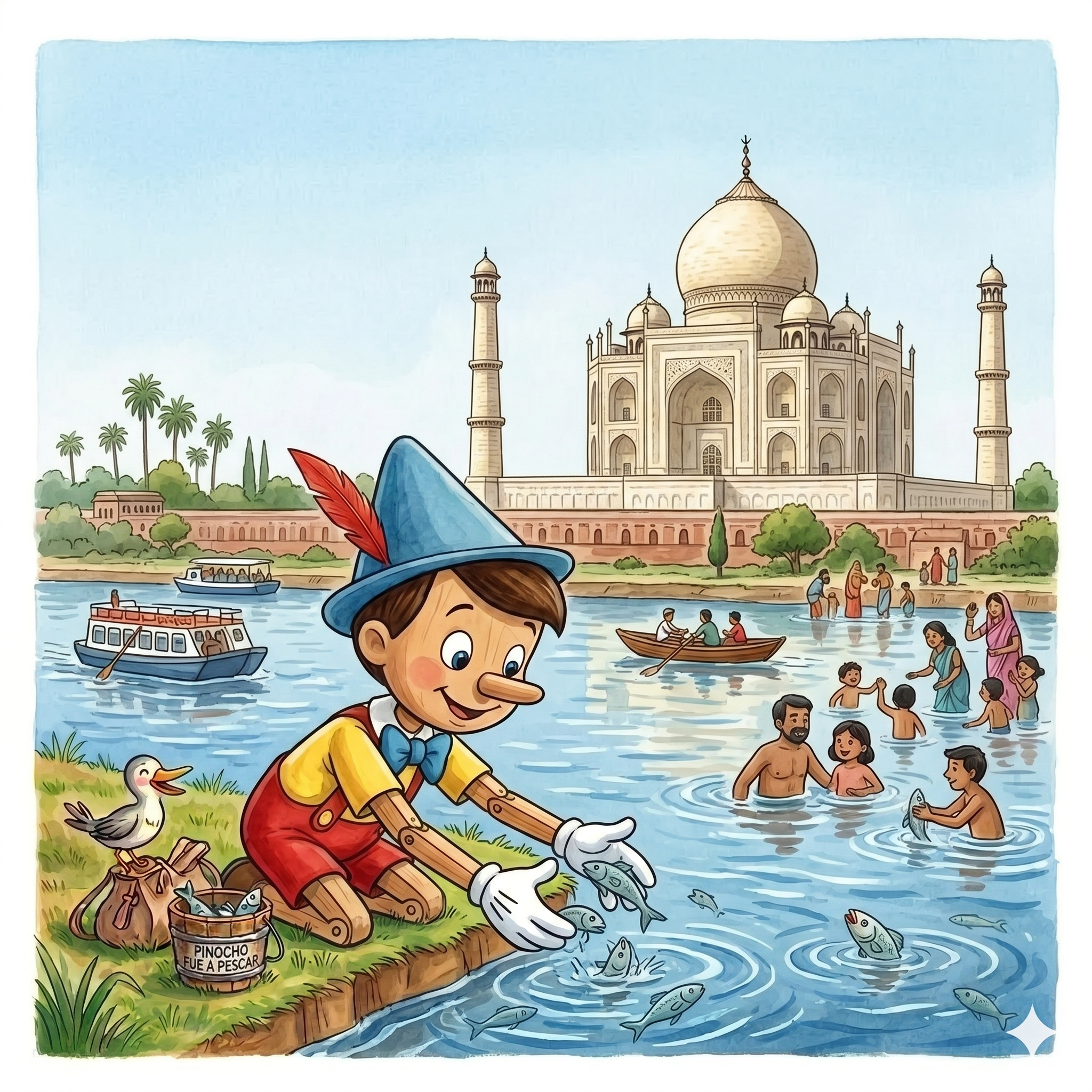 Pinocho y el palacio de  mármol blanco en el sagrado río  Ganges