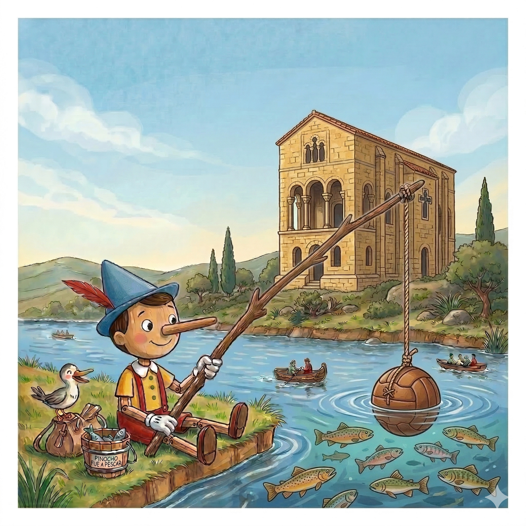 Pinocho y el antiguo palacio de los reyes junto al río Nalón