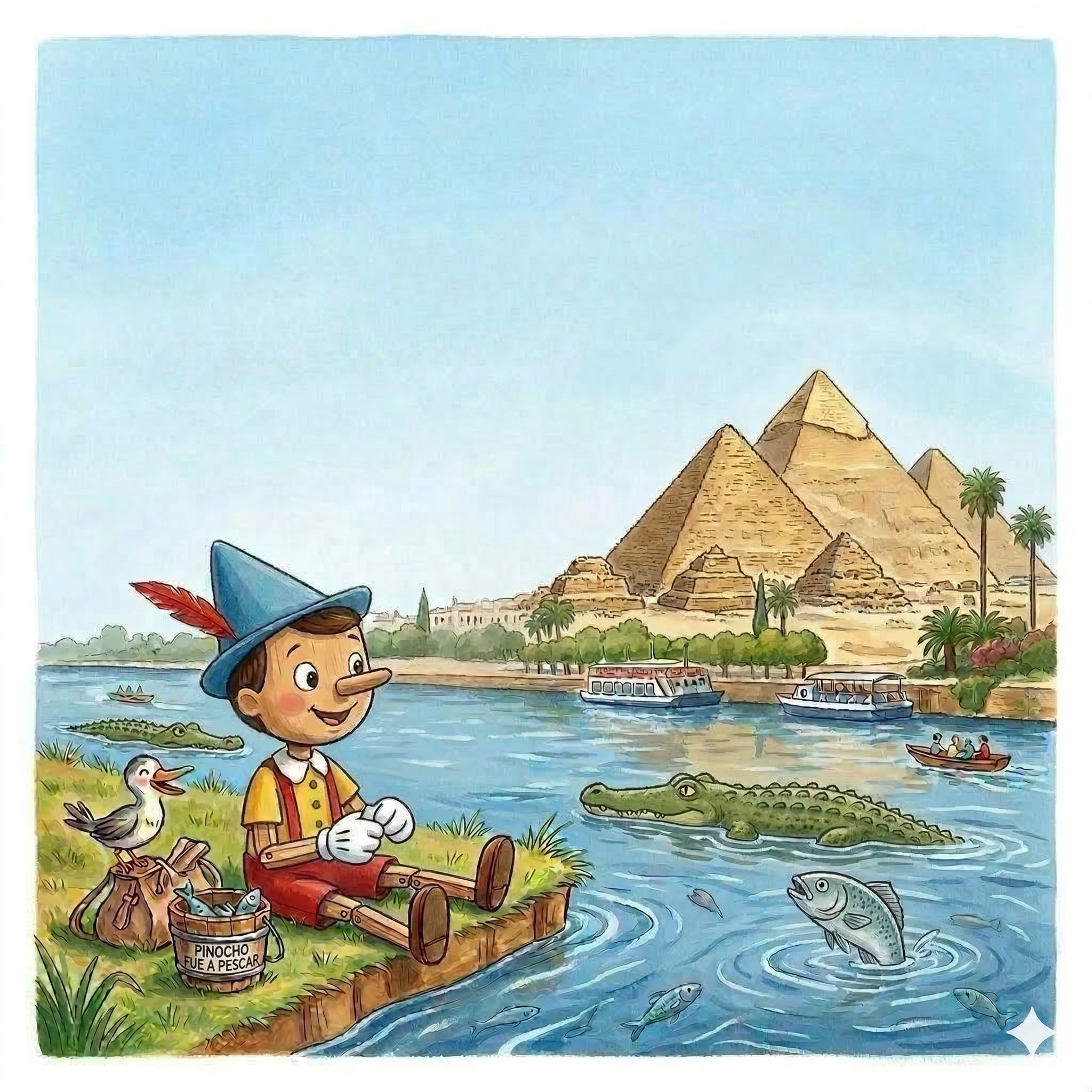 Pinocho y los gigantes de piedra en el río Nilo