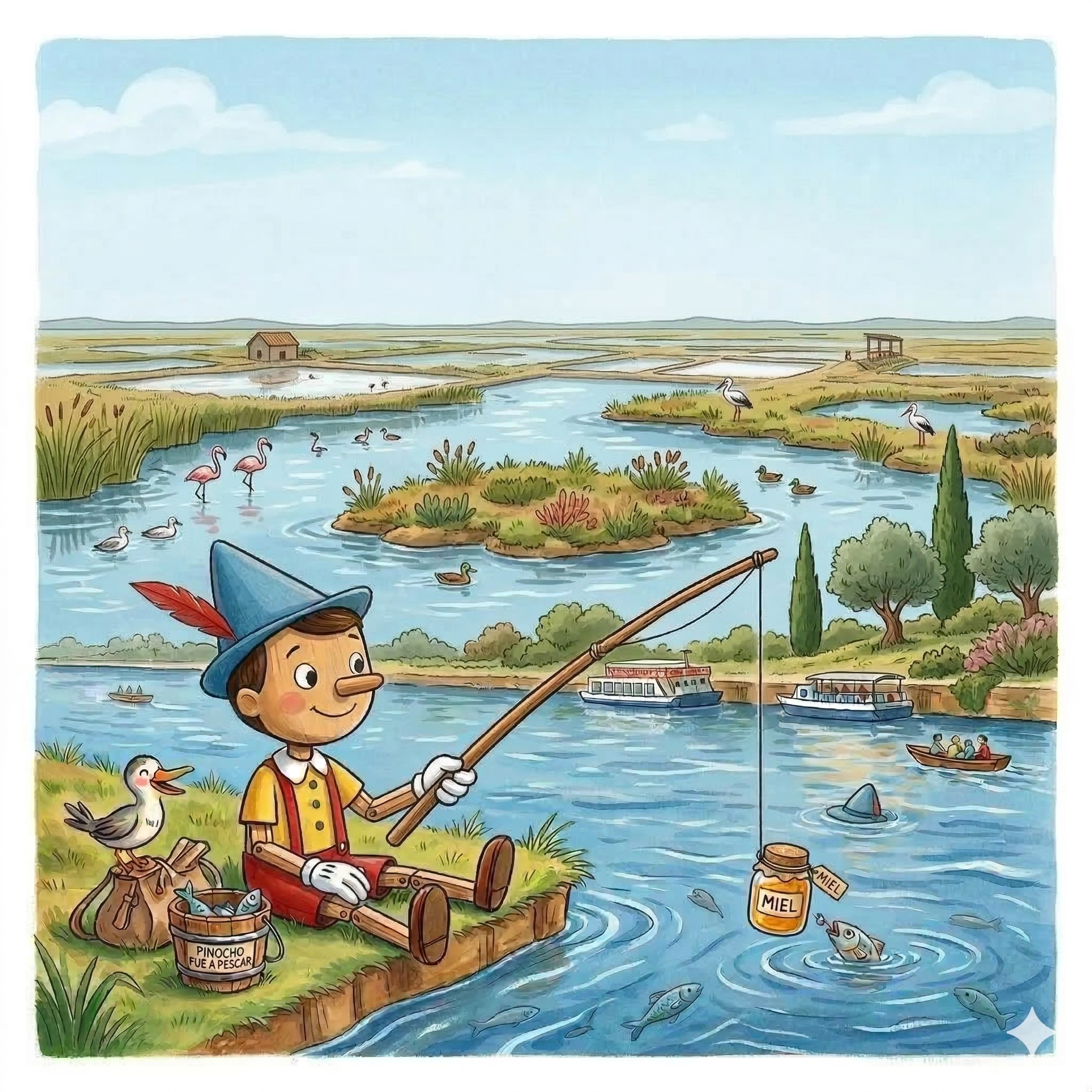 Pinocho y los flamencos rosas de las mágicas marismas del río Odiel