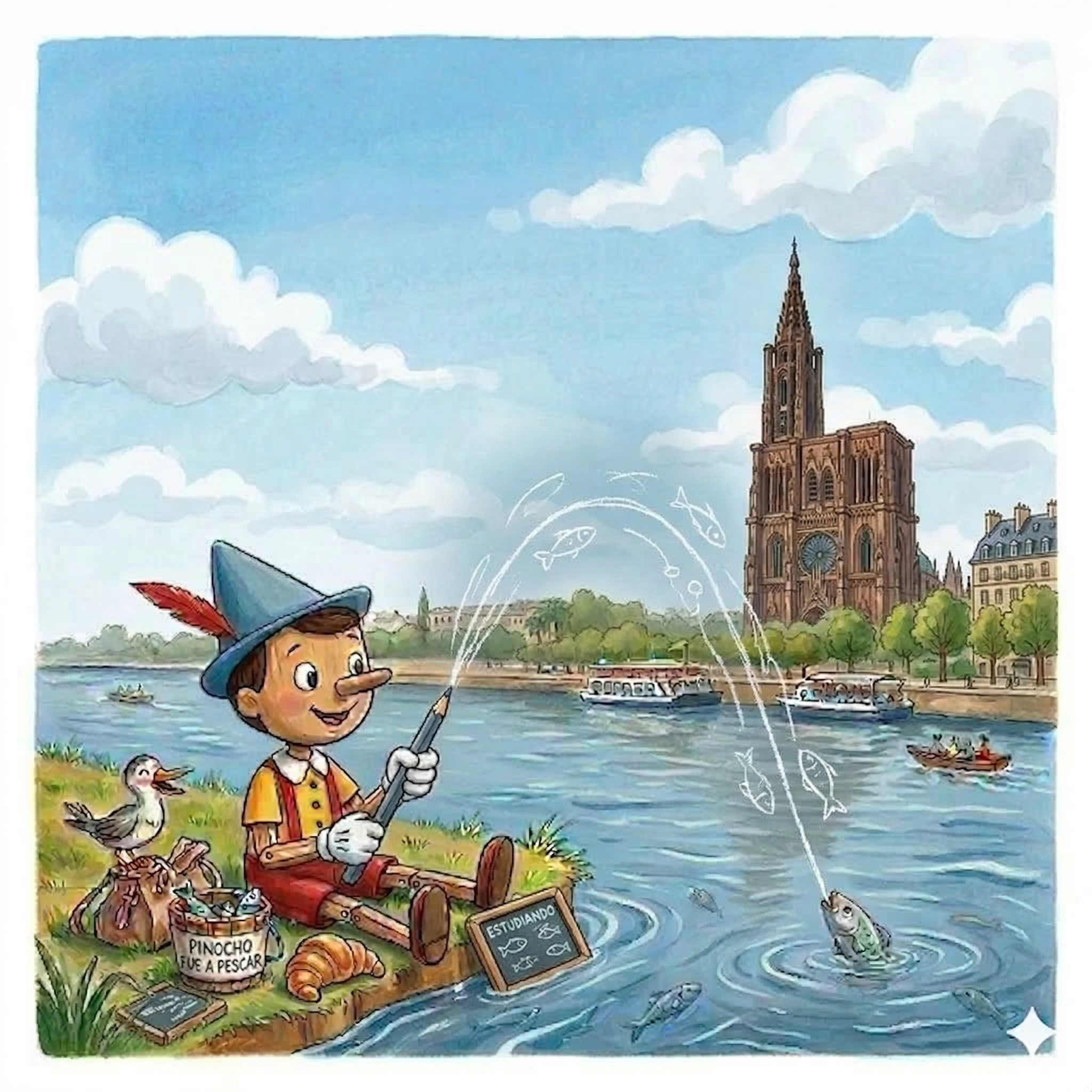 El mágico cuaderno de Pinocho en el precioso río Rin